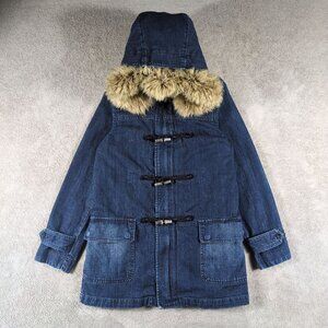 Vintage Ralph Lauren Jeans Co Women’s S Denim Toggle Coat Faux Fur Hood Plaid